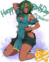 Rule 34 | 1girl, agawa ryou, arm up, artist name, bad id, bad tumblr id, black sclera, braid, breasts, cleavage, clothing cutout, colored sclera, dark-skinned female, dark skin, green hair, hair over one eye, happy birthday, hip vent, kneeling, long hair, looking at viewer, pointy ears, signature, small breasts, solo, thigh cutout, thighs, twin braids, watermark, web address, yellow eyes