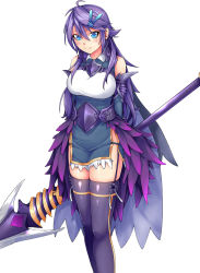 Rule 34 | 1girl, anemone (flower knight girl), armor, ayase tamaki, blue eyes, blue skirt, cowboy shot, flower knight girl, hair ornament, hairclip, highres, huge weapon, long hair, looking at viewer, polearm, purple hair, purple thighhighs, skirt, smile, solo, spear, standing, thighhighs, weapon
