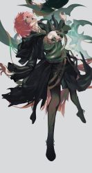 Rule 34 | 1girl, black capelet, black footwear, black robe, blunt bangs, bob cut, capelet, colored skin, commentary, cross-laced footwear, en (enxxx), final fantasy, final fantasy xiv, from side, full body, green eyes, green skin, grey background, hanging, head back, hegemone (ff14), highres, hood, hood down, hooded capelet, legs apart, long sleeves, looking at viewer, looking down, mask, mask around neck, unworn mask, multicolored skin, mutation, open mouth, outstretched arms, plant, red hair, robe, shoes, short hair, simple background, solo, torn clothes, torn robe, two-tone skin, vine bondage, vines
