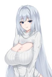 Rule 34 | 1girl, absurdres, blue eyes, breast tattoo, breasts, cleavage, cleavage cutout, closed mouth, clothing cutout, crimecrime, ethel (xenoblade), grey hair, highres, large breasts, long hair, looking at viewer, meme attire, open-chest sweater, ribbed sweater, simple background, solo, sweater, tattoo, upper body, very long hair, white background, xenoblade chronicles (series), xenoblade chronicles 3