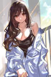 Rule 34 | 1girl, backlighting, bare shoulders, breasts, brown eyes, brown hair, cleavage, day, expressionless, hair over shoulder, highres, large breasts, long hair, looking at viewer, off-shoulder shirt, off shoulder, open clothes, open shirt, original, ran&#039;ou (tamago no kimi), shirt, solo, strap gap, tank top, white shirt