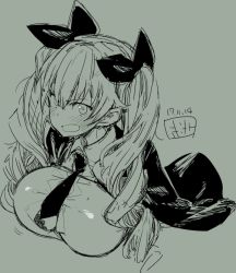 Rule 34 | 10s, 1girl, alternate breast size, anchovy (girls und panzer), artist name, blush, bow, breast rest, breasts, cloak, cropped torso, dated, fbc, girls und panzer, green theme, hair between eyes, hair bow, large breasts, long hair, looking at viewer, monochrome, necktie, open mouth, ringlets, shirt, sidelocks, signature, sketch, solo, twintails, upper body