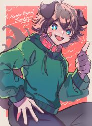 Rule 34 | 1boy, absurdres, animal collar, animal ears, black pants, blue eyes, border, brown hair, collar, commentary request, commission, cowboy shot, dog boy, dog ears, dog tail, fang, green sweater, hand on own hip, haru4aki, highres, hood, hooded sweater, looking at viewer, male focus, open mouth, original, pants, red background, short hair, signature, simple background, skeb commission, smile, solo, sweater, tail, thank you, thumbs up, tongue