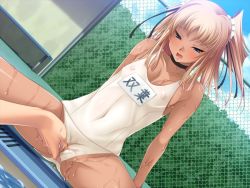 Rule 34 | 1boy, 1girl, aoi nagisa (metalder), ass, blonde hair, blue eyes, blush, breasts, choker, covered erect nipples, curvy, dark skin, fingering, futaba lili ramses, game cg, hair ornament, hetero, lilith-soft, long hair, looking down, moaning, nipples, one-piece swimsuit, outdoors, partially visible vulva, pussy juice, school swimsuit, shiny skin, sitting, small breasts, spread legs, sweat, swimsuit, tachibana ichirou, tentacle and witches, thighs, tsundere, twintails, water, white one-piece swimsuit