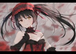 Rule 34 | 1girl, black hair, breasts, choker, clock eyes, date a live, detached sleeves, hairband, hand on own chest, heterochromia, highres, jiuyue lin, lace, lace choker, letterboxed, lolita fashion, lolita hairband, long hair, medium breasts, motion blur, red eyes, smile, solo, strap slip, symbol-shaped pupils, tokisaki kurumi, twintails, yellow eyes
