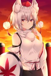 Rule 34 | 1girl, :&lt;, absurdres, animal ear fluff, animal ears, bare shoulders, black hair, blush, breasts, closed mouth, cloud, commentary request, evening, gradient sky, grey hair, hair between eyes, hand up, hat, highres, inubashiri momiji, komomo (ptkrx), long sleeves, medium breasts, outdoors, pom pom (clothes), red eyes, red hat, red ribbon, ribbon, shield, shirt, short hair, sky, solo, tokin hat, touhou, turtleneck, upper body, white shirt, wide sleeves, wolf ears, wolf girl