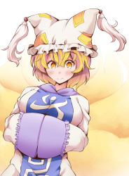 Rule 34 | 1girl, animal hat, blonde hair, cowboy shot, dress, fox tail, hands in opposite sleeves, hat, long sleeves, looking at viewer, mob cap, multiple tails, own hands together, short hair, slit pupils, smile, solo, tabard, tail, touhou, white dress, yakumo ran, yamada yukihito, yellow eyes