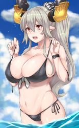 Rule 34 | 10s, 1girl, bikini, black bikini, blue sky, blush, breasts, cloud, collarbone, day, draph, granblue fantasy, hair between eyes, highres, horns, huge breasts, michihasu, navel, open mouth, partially submerged, pointy ears, red eyes, sky, solo, swimsuit, teeth, threo (granblue fantasy), wading, water