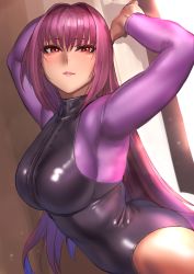 Rule 34 | armpits, arms behind head, ass, bodysuit, breasts, fate/grand order, fate (series), hair intakes, highres, kilye kairi, large breasts, leotard, lips, long hair, long sleeves, purple bodysuit, purple leotard, red eyes, red hair, scathach (fate), skin tight, solo, zipper