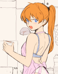 Rule 34 | 00s, 1girl, alternate hairstyle, annoyed, apron, bad id, bad pixiv id, bare shoulders, blue eyes, blush, bow, bra, breasts, evangelion: 2.0 you can (not) advance, eyebrows, hands up, holding, indoors, long hair, neon genesis evangelion, nyorotta, open mouth, orange hair, panties, ponytail, rebuild of evangelion, small breasts, solo, souryuu asuka langley, underwear