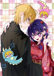 Rule 34 | 2boys, 2girls, alternate hairstyle, artist name, black kimono, blonde hair, blue hair, blush, braid, closed eyes, commentary request, ddu 45, fang, floral print, floral print kimono, flower, hair between eyes, hair flower, hair ornament, hand on another&#039;s shoulder, hand up, heart, highres, hoshino ai (oshi no ko), hoshino aquamarine, hoshino ruby, japanese clothes, kamiki hikaru, kimono, korean commentary, long hair, long sleeves, looking at viewer, multiple boys, multiple girls, onesie, open mouth, oshi no ko, pacifier, print kimono, puff of air, purple eyes, purple hair, red kimono, short hair, single braid, skin fang, star-shaped pupils, star (symbol), symbol-shaped pupils