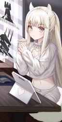 Rule 34 | 1girl, animal ears, arknights, bad id, bad pixiv id, black legwear, blonde hair, blush, breasts, casual, checkered background, cleavage cutout, clothing cutout, cup, grey eyes, highres, holding, logo, long hair, long sleeves, looking at viewer, mouse (computer), mousepad (object), pants, platinum (arknights), ponytail, ryn (rinorea), sitting, smile, solo, surface tablet, table, tail, very long hair, white hair, white pants, window, wooden chair, wooden floor, wooden table