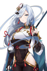 Rule 34 | 1girl, absurdres, aqua eyes, aqua nails, bodysuit, braid, breasts, covered navel, genshin impact, hair ornament, hair over one eye, highres, hip vent, holding, holding weapon, long hair, looking at viewer, low-braided long hair, low-tied long hair, medium breasts, nail polish, polearm, shenhe (genshin impact), solo, weapon