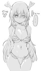 Rule 34 | ..., 1girl, arms behind back, bikini, breasts, cleavage, closed mouth, collarbone, cool-kyou shinja, cowboy shot, disdain, dragon girl, dragon horns, frilled bikini, frills, glaring, greyscale, groin, hair between eyes, hair down, hand on own arm, highres, horns, kobayashi-san chi no maidragon, large breasts, light frown, long hair, looking at viewer, monochrome, navel, official art, partially shaded face, simple background, slit pupils, solo, sound effects, spoken ellipsis, stomach, swimsuit, tohru (maidragon), very long hair, white background, wide hips