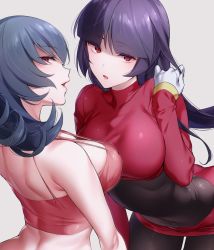 Rule 34 | 2girls, blue hair, bodysuit, bodysuit under clothes, breasts, cleavage, creatures (company), cropped jacket, game freak, gloves, gym leader, highres, hizuki akira, jacket, large breasts, looking at viewer, multiple girls, nintendo, over shoulder, pokemon, pokemon frlg, pokemon hgss, purple hair, red eyes, red jacket, sabrina (pokemon), simple background, skin tight, tank top, white gloves