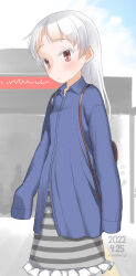 Rule 34 | 1girl, backpack, bag, blue jacket, blue sky, closed mouth, cloud, dated, day, dress, frilled dress, frills, grey hair, highres, jacket, long hair, long sleeves, original, outdoors, red eyes, signature, sky, sleeves past fingers, sleeves past wrists, solo, striped clothes, striped dress, yone kinji