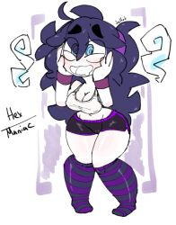 Rule 34 | 1girl, blue eyes, blush, breasts, cleavage, covered erect nipples, creatures (company), crop top, curvy, game freak, groin, hands on own face, headband, hex maniac (pokemon), jellot, kneehighs, large breasts, long hair, midriff, navel, nintendo, npc trainer, open mouth, pokemon, pokemon xy, saliva, short shorts, shorts, socks, solo, striped clothes, striped socks, thick thighs, thighs, wide hips, wristband