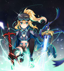 Rule 34 | 1girl, absurdres, ahoge, artoria pendragon (fate), baseball cap, blonde hair, blue eyes, blue jacket, blue scarf, breasts, commentary request, fate/grand order, fate (series), green eyes, hair between eyes, hat, highres, holding, huge filesize, jacket, long hair, looking at viewer, mysterious heroine x (fate), mysterious heroine x (third ascension) (fate), oguri (pixiv25574366), ponytail, scarf, shorts, solo, sword, thighhighs, track jacket, weapon