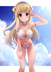 Rule 34 | 1girl, absurdres, bikini, blonde hair, blue eyes, blush, breasts, cleavage, closed mouth, collarbone, day, feet out of frame, fletcher (kancolle), flower, hair bun, highres, kantai collection, large breasts, light rays, long hair, mitsukii, navel, pink flower, side bun, single side bun, smile, solo, sunbeam, sunlight, swimsuit, white bikini, wristband