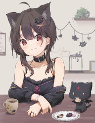 Rule 34 | 1girl, :3, ahoge, animal ear fluff, animal ears, bare shoulders, blush, bracelet, brown hair, buckle, camisole, cat ears, cat girl, cat hair ornament, chomusuke, closed mouth, collar, collarbone, commentary request, cookie, creature, cup, detached sleeves, ear piercing, eating, food, hair ornament, highres, jewelry, kemonomimi mode, kono subarashii sekai ni shukufuku wo!, long sleeves, looking at viewer, megumin, nut megu, piercing, red eyes, ring, short hair with long locks, sidelocks, signature, smile, table, upper body