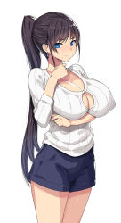 Rule 34 | 1girl, black hair, blue eyes, blush, breast hold, breasts, cleavage, covered erect nipples, highres, large breasts, long hair, looking at viewer, munashi mujou, original, ponytail, shorts, simple background, smile, solo, standing, white background