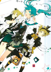 Rule 34 | 1boy, 2girls, aqua hair, blonde hair, brother and sister, capelet, choker, earrings, gloves, hair ornament, hair ribbon, hairclip, hatsune miku, jewelry, kagamine len, kagamine rin, kneehighs, long hair, multiple girls, necktie, open mouth, ribbon, ring, short hair, siblings, skirt, smile, socks, striped clothes, striped legwear, striped thighhighs, suou (sdurorhr), thigh strap, thighhighs, twins, twintails, very long hair, vest, vocaloid, yellow eyes, zettai ryouiki