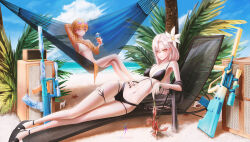 Rule 34 | 2girls, alternate costume, arm behind head, artist name, assault rifle, aug (girls&#039; frontline), bare legs, beach, bikini, black bikini, black footwear, black nails, blonde hair, breasts, bullpup, cleavage, closed mouth, cocktail glass, collarbone, crab, crossed legs, cup, dindsau, drinking glass, earrings, eyewear on head, flower, girls&#039; frontline, gun, hair flower, hair ornament, hand on own hip, highres, holding, holding cup, jewelry, legs, lips, long hair, looking at another, looking down, lying, multiple girls, nail polish, navel, orange eyes, orange hair, ots-14 (girls&#039; frontline), ots-14 groza, rifle, sand, small breasts, smile, starfish, steyr aug, sunglasses, suppressor, swimsuit, weapon, white bikini, yellow eyes