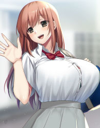 Rule 34 | blue bag, blurry, blurry background, breasts, brown eyes, brown hair, button gap, grey skirt, highres, huge breasts, long hair, looking to the side, open mouth, original, red neckwear, school uniform, shirt, signature, skirt, smile, solo, straight hair, suzuki nene, uniform, upper body, waving arm, white shirt