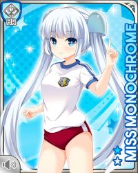 Rule 34 | 1girl, blue background, blue eyes, blunt bangs, buruma, card, character name, closed mouth, girlfriend (kari), miss monochrome, miss monochrome (character), official art, pointing, qp:flapper, red buruma, shirt, smile, solo, tagme, twintails, white hair, white shirt