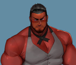 Rule 34 | 1boy, bad id, bad pixiv id, bara, beard, biceps, black hair, bolo tie, close-up, collared shirt, cross tie, dark-skinned male, dark skin, ear piercing, facial hair, formal, glasses, kuromine hiraya, large pectorals, looking to the side, male focus, manly, mature male, muscular, muscular male, original, pectorals, piercing, red eyes, shirt, solo, spiked hair, suit, thick arms, thick eyebrows, tight clothes, upper body, veins