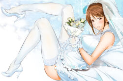 Rule 34 | bare shoulders, blush, bouquet, bridal veil, bride, brown eyes, brown hair, commentary request, dress, earrings, flower, gloves, high heels, highres, holding, holding bouquet, idolmaster, idolmaster cinderella girls, idolmaster cinderella girls starlight stage, jewelry, leg up, looking at viewer, mifune miyu, necklace, shigaoka, sitting, sleeveless, sleeveless dress, sparkle, thighhighs, veil, wedding dress, white dress, white footwear, white gloves, white thighhighs, white veil