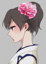 Rule 34 | 10s, 1girl, bad id, bad pixiv id, blue eyes, brown hair, flower, grey background, hair flower, hair ornament, japanese clothes, kaga (kancolle), kantai collection, lips, mironomeo, personification, profile, short hair, side ponytail, solo