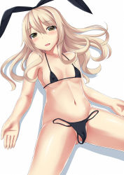 Rule 34 | 10s, 1girl, bikini, blonde hair, blush, bottomless, breasts, clothes in front, covered erect nipples, green eyes, hairband, highres, kantai collection, long hair, looking at viewer, medium breasts, mizunashi kenichi, naughty face, navel, parted lips, personification, shimakaze (kancolle), shiny skin, solo, swimsuit, thong, thong bikini