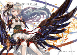 Rule 34 | 1girl, bare shoulders, brown eyes, corset, detached sleeves, dress, flower, french text, hair flower, hair ornament, long hair, long sleeves, mechanical wings, open mouth, original, ran&#039;ou (tamago no kimi), silver hair, smile, solo, thighhighs, very long hair, white dress, white thighhighs, wings