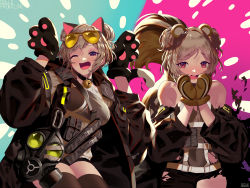 Rule 34 | 2girls, absurdres, animal ears, animal hands, bad id, bad pixiv id, bsue, cat ears, cat paws, cat tail, commentary request, dual persona, english text, eyewear on head, gas mask, girls&#039; frontline, highres, huge filesize, mask, multiple girls, one eye closed, p90 (girls&#039; frontline), squirrel ears, squirrel tail, sunglasses, sunglasses on head, tail, thighhighs, torn clothes