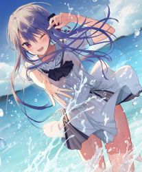 Rule 34 | 1girl, ;d, arms up, barefoot, blue sky, blush, braid, cloud, day, dutch angle, hair ribbon, highres, kuro futoshi, leg up, lens flare, long hair, looking at viewer, ocean, one eye closed, open mouth, outdoors, outstretched arm, pink ribbon, purple eyes, purple hair, ribbon, see-through, see-through shirt, shirt, short sleeves, skirt, sky, smile, solo, sorakado ao, sparkle, splashing, standing, standing on one leg, summer pockets, thighs, wading, water, wet, wet clothes, wet shirt, wet skirt, white shirt, white skirt