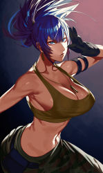 Rule 34 | 1girl, absurdres, bare shoulders, black gloves, blue eyes, blue hair, breasts, cleavage, commentary, dog tags, earrings, gloves, highres, jewelry, large breasts, leona heidern, military, navel, ponytail, sleeveless, sokuse kienta, solo, tank top, the king of fighters, the king of fighters xv, triangle earrings, yellow tank top