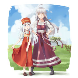 Rule 34 | 10s, 2girls, ahoge, blue eyes, dress, fence, full body, gangut (kancolle), gsong-chan, hands on own hips, hibiki (kancolle), highres, kantai collection, loafers, long hair, looking at viewer, multiple girls, puffy short sleeves, puffy sleeves, red eyes, russian clothes, shoes, short sleeves, silver hair, slavic clothes, standing, tree, verniy (kancolle)