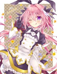Rule 34 | 1boy, astolfo (fate), astolfo (saber) (fate), astolfo (saber) (third ascension) (fate), black bow, black bowtie, black dress, black gloves, black ribbon, bloomers, blush, border, bow, bowtie, brown background, buttons, closed mouth, dress, fate/grand order, fate (series), flower, frills, gloves, goshipiumu, hair between eyes, hair bow, hair intakes, hair ribbon, juliet sleeves, layered skirt, licking lips, long hair, long sleeves, looking at viewer, low twintails, male focus, md5 mismatch, multicolored hair, one eye closed, pink hair, plaid, plaid background, puffy sleeves, purple eyes, resolution mismatch, ribbon, skirt, smile, solo, source smaller, streaked hair, tongue, tongue out, trap, twintails, underwear, w, white bloomers, white border, white hair, white skirt, wide sleeves, wing collar