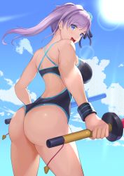 1girl :d ass bare_arms bare_shoulders black_one-piece_swimsuit black_ribbon blue_eyes blue_sky breasts cloud competition_swimsuit cowboy_shot day dual_wielding fate/grand_order fate_(series) foam_bokken hair_bun holding large_breasts lens_flare long_hair miyamoto_musashi_(fate) miyamoto_musashi_(fate/grand_order) miyamoto_musashi_(swimsuit_berserker)_(fate) miyamoto_musashi_(swimsuit_berserker)_(first_ascension)_(fate) mokyumokyuchan one-piece_swimsuit open_mouth outdoors purple_hair ribbon single_hair_bun sky smile solo sun sweatband swept_bangs swimsuit thighs toy_sword