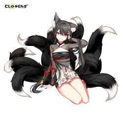 Rule 34 | 1girl, :3, alternate hair color, animal ear fluff, animal ears, ankle bell, arm support, arm up, black dress, black footwear, black hair, black sleeves, black tail, breasts, cleavage, cleavage cutout, closers, clothing cutout, copyright name, dress, fingernails, fox ears, fox girl, fox tail, full body, hand on own head, hand up, highres, kitsune, kyuubi, layered dress, logo, long fingernails, long hair, long sleeves, looking at viewer, low twintails, luna aegis (closers), medium breasts, multiple tails, official art, pink eyes, see-through, see-through sleeves, sitting, smile, solo, tachi-e, tail, twintails, two-tone dress, v-shaped eyebrows, very long hair, white background, white dress, yokozuwari
