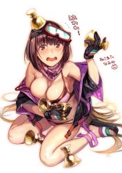 Rule 34 | 1girl, bikini, breasts, brown hair, commission, fate/grand order, fate (series), gloves, goggles, goggles on head, highres, holy grail (fate), large breasts, long hair, nekomata naomi, on head, osakabehime (fate), osakabehime (swimsuit archer) (fate), osakabehime (swimsuit archer) (first ascension) (fate), scarf, signature, sitting, skeb commission, strap slip, swimsuit, wariza, white background