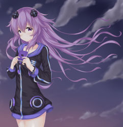Rule 34 | 1girl, adult neptune, cloud, cloudy sky, collarbone, commentary, commentary request, cowboy shot, crying, crying with eyes open, d-pad, d-pad hair ornament, evening, frown, hair between eyes, hair ornament, hinakurukuru, holding, holding notepad, hood, hooded jacket, jacket, long hair, looking at viewer, neptune (series), notepad, outdoors, purple eyes, purple hair, shin jigen game neptune vii, sky, solo, tears
