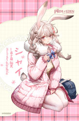 Rule 34 | 1girl, animal ears, bag, blue eyes, bow, bowtie, braid, brown hair, clouble, collared shirt, fur collar, highres, jacket, long hair, long sleeves, looking at viewer, miniskirt, official art, open clothes, open jacket, open mouth, pantyhose, pink jacket, pink skirt, rabbit ears, rabbit girl, rabbit tail, red: pride of eden, ribbed sweater, school bag, seiza, shirt, sitting, skirt, solo, sweater, tail, twin braids, wavy mouth, white pantyhose