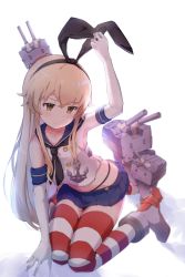 Rule 34 | 1girl, :3, anchor hair ornament, armpits, bad id, bad pixiv id, black hairband, blonde hair, blue sailor collar, blue skirt, brown eyes, commentary request, elbow gloves, full body, gloves, hair ornament, hairband, hand up, highres, kantai collection, kneeling, long hair, picome ter, rensouhou-chan, sailor collar, shimakaze (kancolle), simple background, skirt, striped clothes, striped thighhighs, thighhighs, white background, white gloves