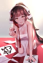 Rule 34 | 1girl, all fours, alternate costume, azur lane, blush, bow, breasts, bridal gauntlets, brown eyes, brown hair, calligraphy, calligraphy brush, cleavage, dolce (dolsuke), dress, hair bow, hair ribbon, long hair, looking at viewer, medium breasts, open mouth, paintbrush, ribbon, see-through, smile, solo, takao (azur lane), takao (the lessons of spring) (azur lane), thighhighs, very long hair, white ribbon, white thighhighs