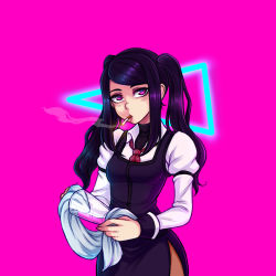 Rule 34 | 1girl, bartender, black hair, black skirt, breasts, cigarette, cleaning, dojipan, glass, jill stingray, long hair, looking at viewer, necktie, pantyhose, pink background, pink eyes, shirt, side slit, sidelocks, skirt, small breasts, smoke, smoking, solo, swept bangs, synthwave, towel, twintails, va-11 hall-a, white shirt