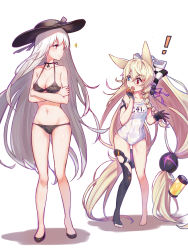 Rule 34 | !, 2girls, absurdly long hair, absurdres, alternate costume, animal ears, bikini, black hat, blonde hair, braid, breasts, chinese commentary, choker, cleavage, commentary request, cross, cross choker, crossed arms, fox ears, g41 (beach punk 2064) (girls&#039; frontline), g41 (girls&#039; frontline), girls&#039; frontline, gloves, hair between eyes, hair ornament, hair ribbon, hand to own mouth, hat, heterochromia, highres, iron cross, jewelry, kar98k (girls&#039; frontline), long hair, multiple girls, nai (daiduolaoge), name tag, necklace, official alternate costume, one-piece swimsuit, prosthesis, prosthetic hand, ribbon, school swimsuit, single braid, sparkle, swimsuit, twintails, v-shaped eyebrows, very long hair, white background, white hair, white one-piece swimsuit