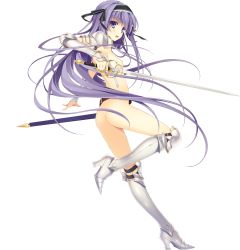 Rule 34 | 1girl, absurdres, armor, armored boots, ass, boots, breasts, fujimori yuu, high heel boots, high heels, highres, holding, holding weapon, koikishi purely kiss, long hair, naked armor, nipples, no bra, no panties, pauldrons, purple eyes, purple hair, shoulder armor, simple background, small breasts, smile, smiley face, solo, sword, weapon, white background, yuuki hagure