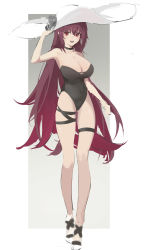 Rule 34 | 1girl, absurdres, bare legs, bare shoulders, black one-piece swimsuit, breasts, choker, cleavage, covered navel, curryzcy, full body, girls&#039; frontline, hair between eyes, hat, high heels, highres, large breasts, long hair, looking at viewer, one-piece swimsuit, open mouth, purple hair, red eyes, sketch, smile, strapless, strapless one-piece swimsuit, sun hat, swimsuit, thigh strap, very long hair, wa2000 (girls&#039; frontline)